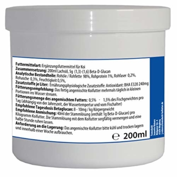 Koifutterzusatz BetaGlucan, Immunschutz und Vitalität, Unterstützung der körpereigenen Immunabwehr bei Koi, Stammlösung 200ml Lachsöl + 5g BetaGlucan, optimal für 5kg Koifutter, 200ml Dose - 2